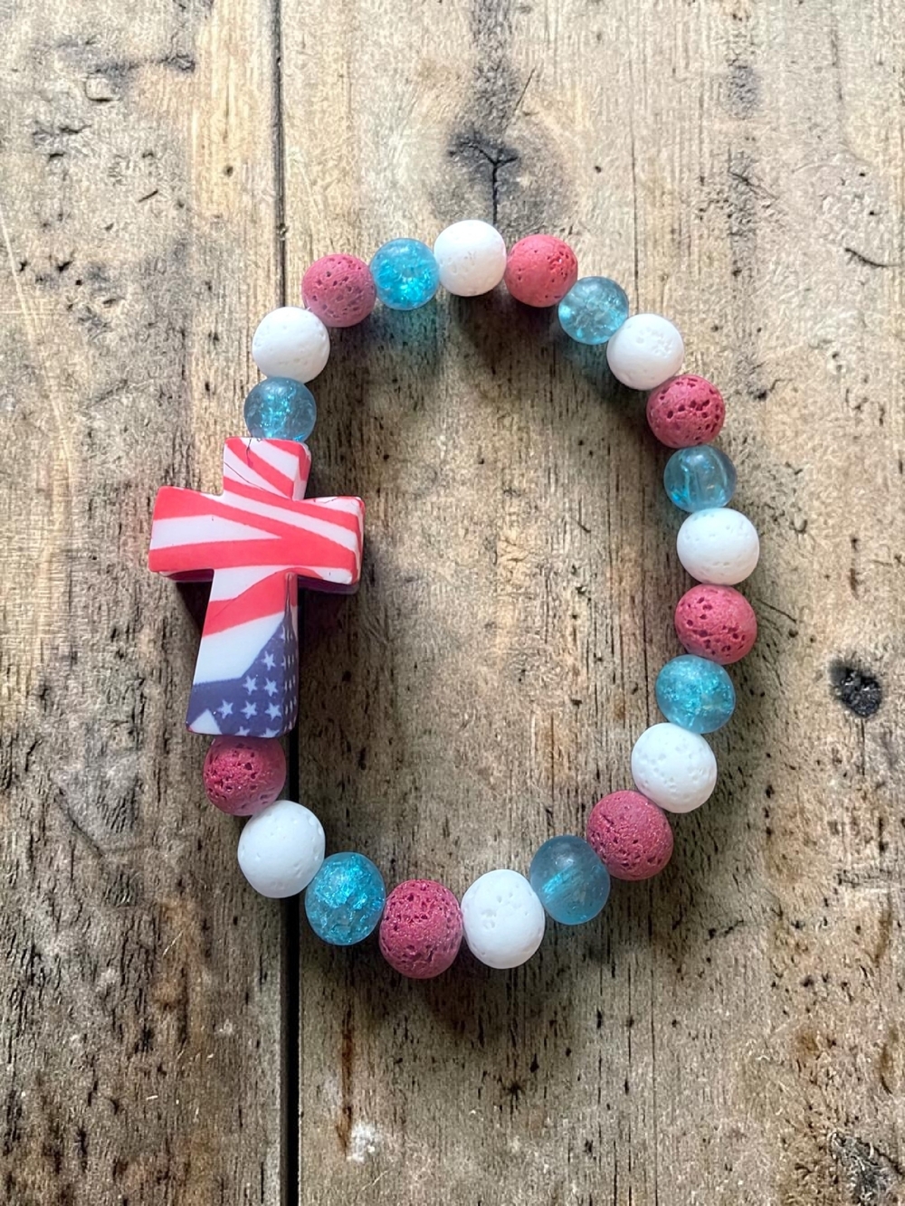 Patriotic Beaded Cross Bracelet - Red White Blue